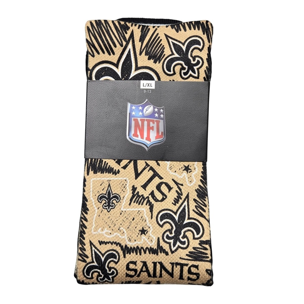 New Orleans Saints Socks Mens L/XL 9-13 Gold NFL Football Rock Em Logo Sketch
